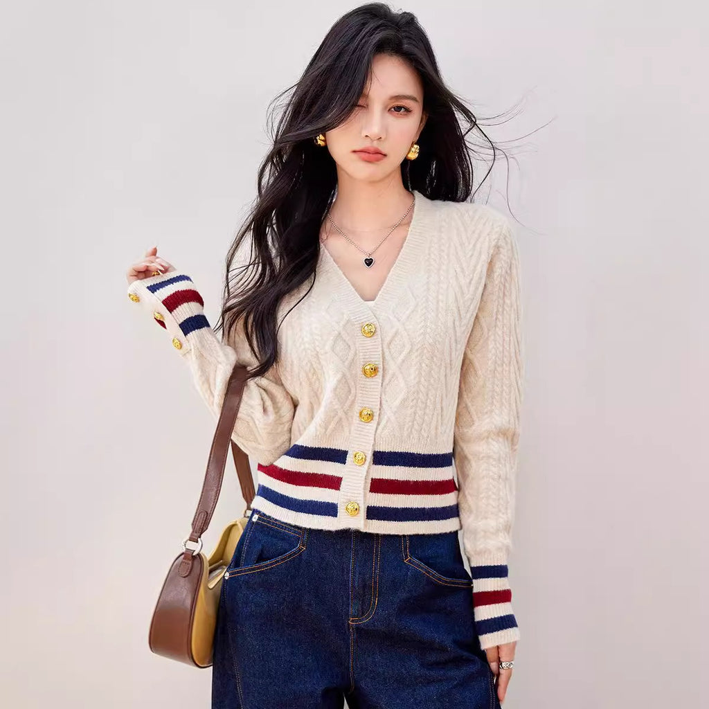 Trendy contrasting design with spliced colorful stripes V-neck short cardigan sweater for women