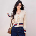 Trendy contrasting design with spliced colorful stripes V-neck short cardigan sweater for women