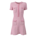Sweet Pink Beaded Short Sleeve Fitted Mini Dress with Elegant Charm and Youthful Style