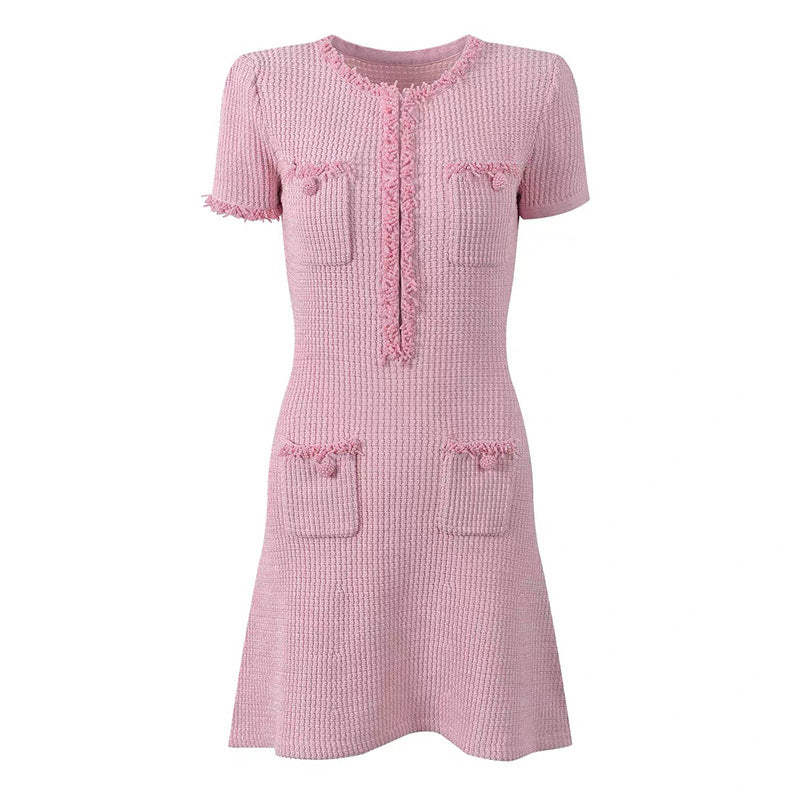 Sweet Pink Beaded Short Sleeve Fitted Mini Dress with Elegant Charm and Youthful Style