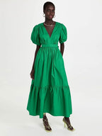 Elegant Solid Puff Sleeve Dress Office Lady Light luxury Deep V Woman Leisure ComfortableMidi A-line Casual Ruffle Dress