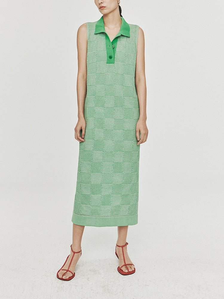 Summer New Japanese Paper Yarn Checkerboard Weave Pattern Knitted V-neck Silhouette Short-sleeved Women Dresses Viscose Robe