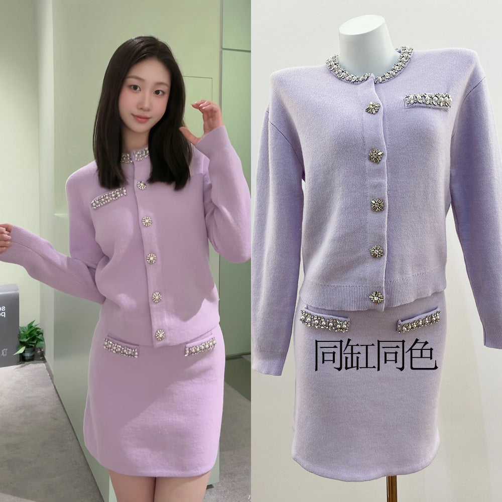Elegant Lavender Knit Cardigan with Rhinestone Detail and Matching Skirt Set