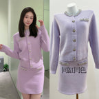 Elegant Lavender Knit Cardigan with Rhinestone Detail and Matching Skirt Set