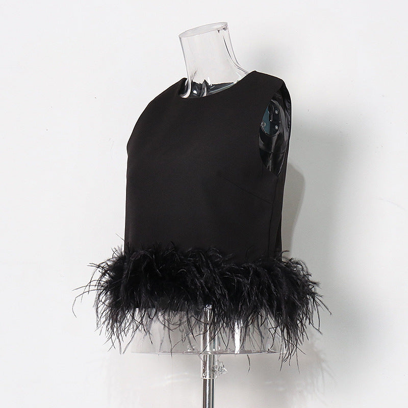 Hepburn Style Design Ostrich Hair Stitching Top New Round Neck Simple Short Solid Color Vest Women