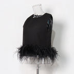 Hepburn Style Design Ostrich Hair Stitching Top New Round Neck Simple Short Solid Color Vest Women