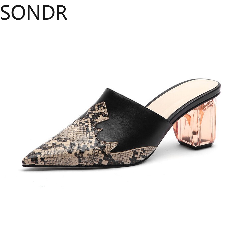 Womens Pointed Toe Leather Clear Stitching Snake Pattern Mules Crystal Heel Slippers Slides Shoes Sandals Summer Plus Size