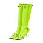 Women's Sexy High Heels Metal Buckle Luxury Shoes Fashion Pointed Toe Ankle Boots Black Stiletto Dress Party Short Boots