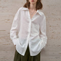 Lightweight Pure Linen Blouse for Women - Simple Solid Color Notched Collar Cardigan Loose Long Sleeve Shirt