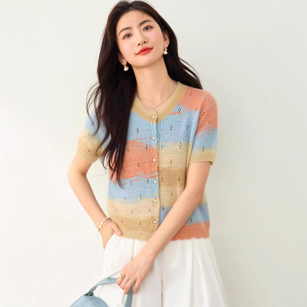 Simple  Yellow Round Neck Gradient Hollow-out Short Sleeve Knit Cardigan for Women, Summer Fashion Casual Top