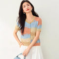 Simple  Yellow Round Neck Gradient Hollow-out Short Sleeve Knit Cardigan for Women, Summer Fashion Casual Top