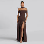 Style Solid Color Off-Shoulder High Slit Backless Long Dress