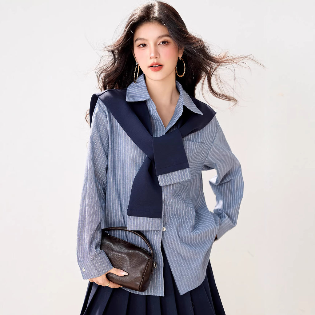 Graceful striped long-sleeve shirt for women, navy blue skirt, campus style two-piece set