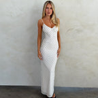 Summer Long Dress, Strapless V-Neck Backless Polka Dot Fashion Elegant Vacation Bodycon Slim Fit Dress