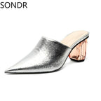 Womens Pointed Toe Leather Clear Stitching Snake Pattern Mules Crystal Heel Slippers Slides Shoes Sandals Summer Plus Size