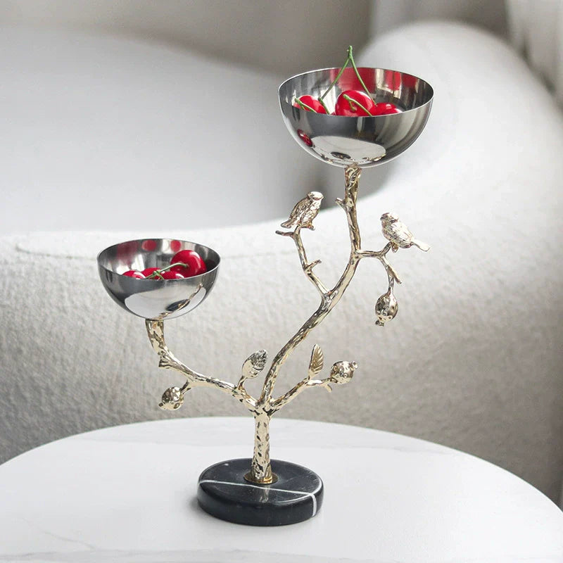 Luxury Bird Branch Decorative Bowl Stand – Dual Stainless Steel Bowls with Golden Tree Design