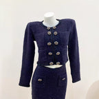 Chic Navy Blue Double-Breasted Lurex Knit Cardigan and Skirt Set