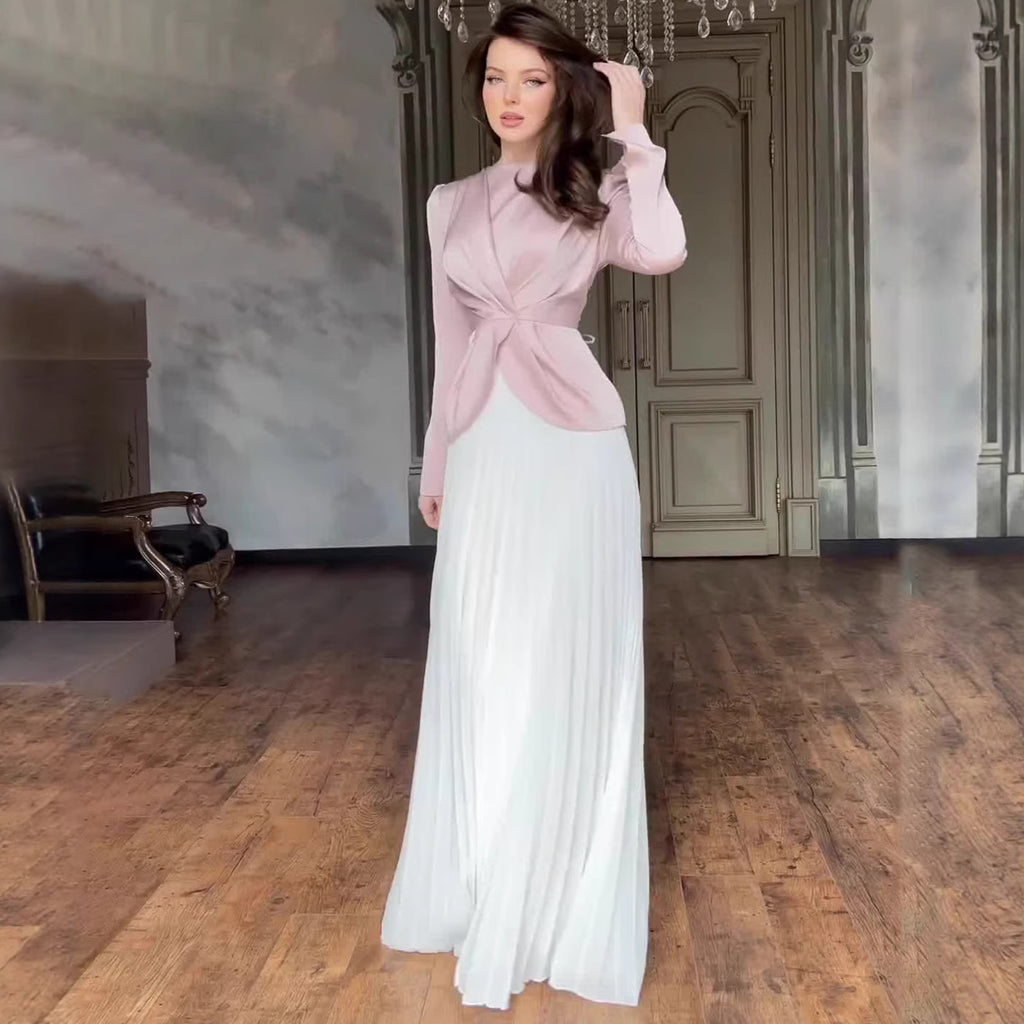 Elegant Color-Blocked Suit Dress for Women, Long Sleeve, Autumn Fashion, Pleated Design