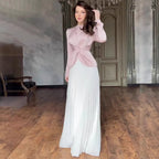Elegant Color-Blocked Suit Dress for Women, Long Sleeve, Autumn Fashion, Pleated Design