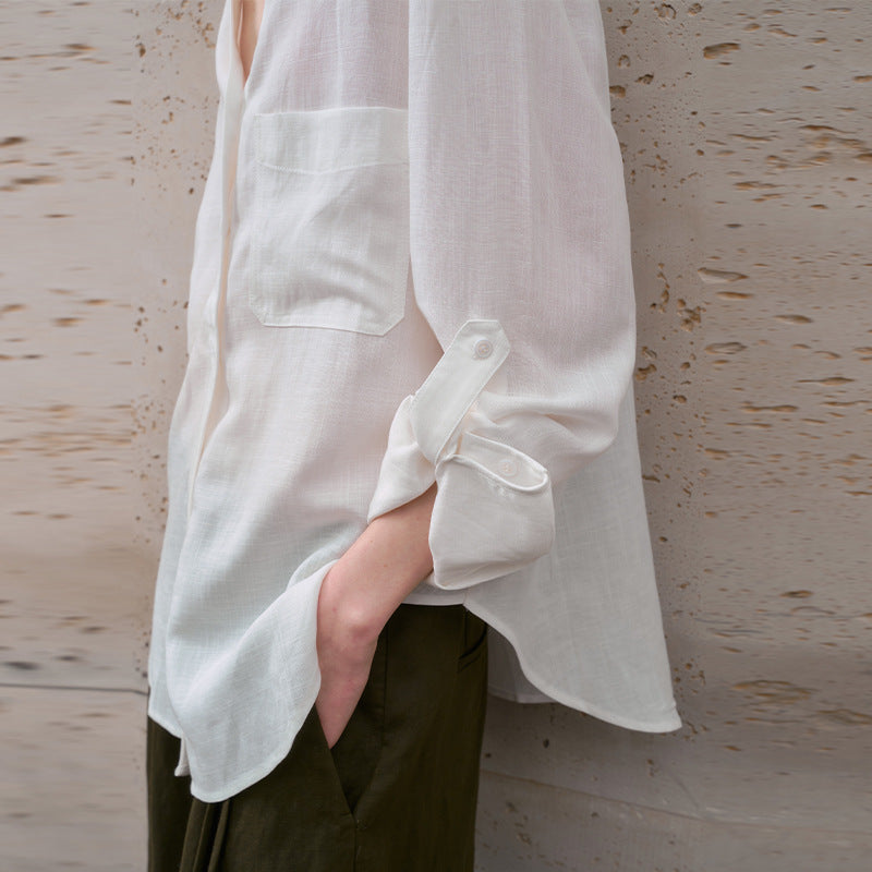 Lightweight Pure Linen Blouse for Women - Simple Solid Color Notched Collar Cardigan Loose Long Sleeve Shirt