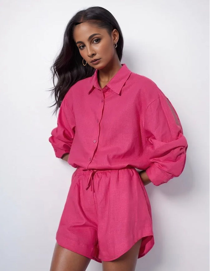 Solid Two Piece Sets For Women Lapel Long Sleeve Spliced Single Breasted Shirts High Waist Loose Shorts Casual Set Female