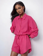 Solid Two Piece Sets For Women Lapel Long Sleeve Spliced Single Breasted Shirts High Waist Loose Shorts Casual Set Female