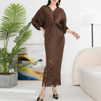 OFF high quality solid designer v-neck office work ladies maxi dresses for women new in zevity batwing sleeve elegant party robe