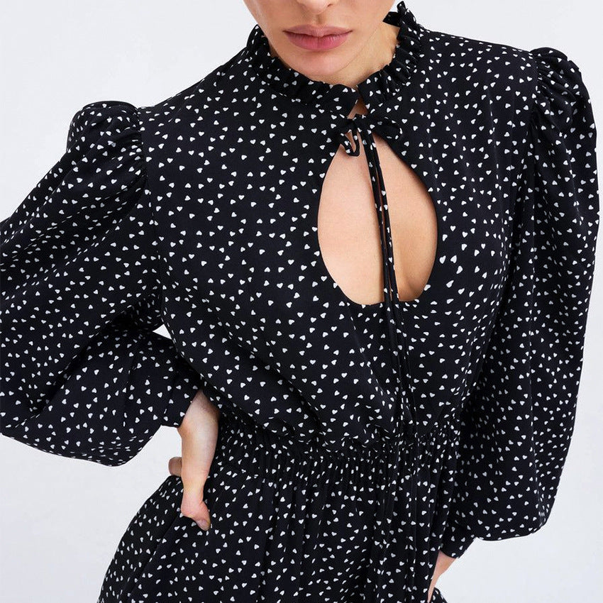 Women European And American Ins Short Skirt Lantern Sleeves Sexy Hollow Air Quality A Line Skirt Polka Dot Dress