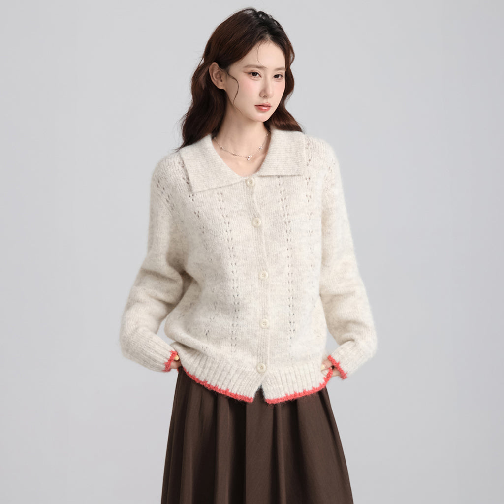 Collar Color-blocked Thick Knit Long Sleeve Cardigan Sweater