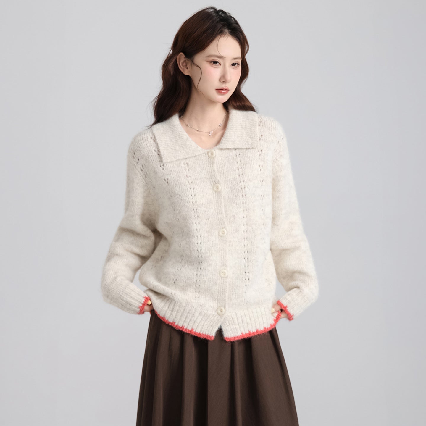 Collar Color-blocked Thick Knit Long Sleeve Cardigan Sweater