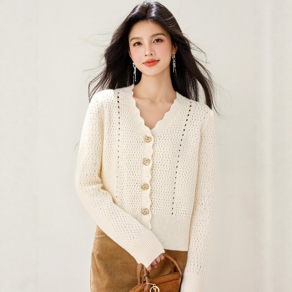 Creamy Apricot Wavy Edge V-Neck Knit Sweater Women's Short Open Cardigan Hollow Loose Top