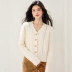 Creamy Apricot Wavy Edge V-Neck Knit Sweater Women's Short Open Cardigan Hollow Loose Top