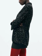 TRAF Women's Fashion Sequins Blazer V Collar Black Button Slim Jacket Autumn and Winter New Office Jacket Women's Luxury Jacket