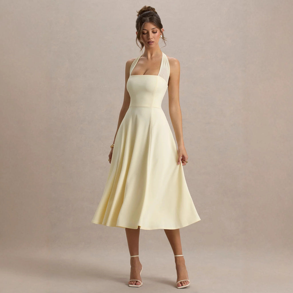 Pure Color Halter Backless Elegant Chiffon Sheath Dress with Waistline for Women