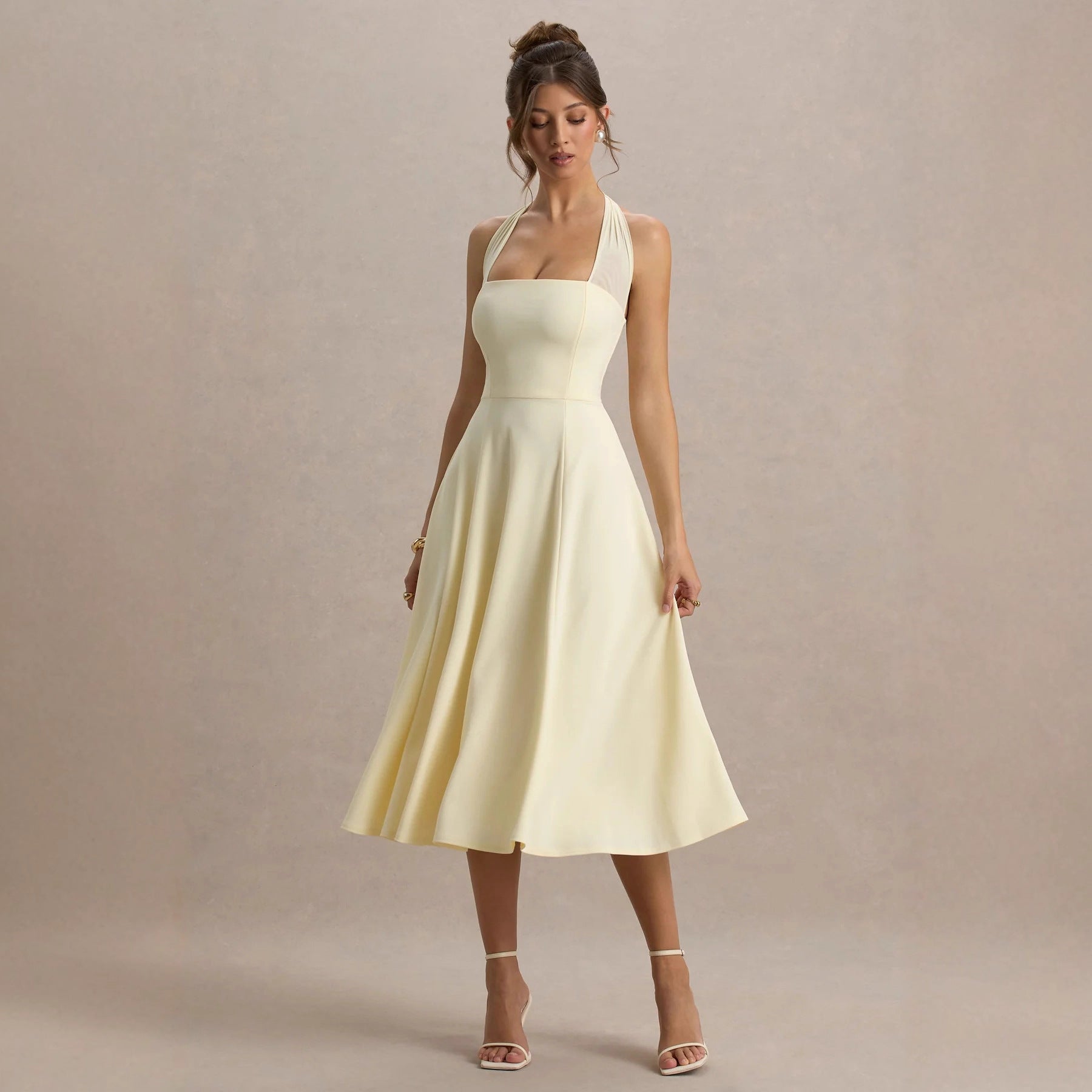 Pure Color Halter Backless Elegant Chiffon Sheath Dress with Waistline for Women