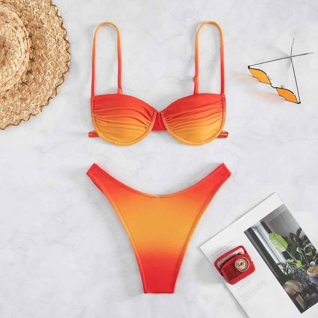 Sexy Backless Steel Support Bikini Two-Piece Printed Swimsuit for Women Water Sports Set