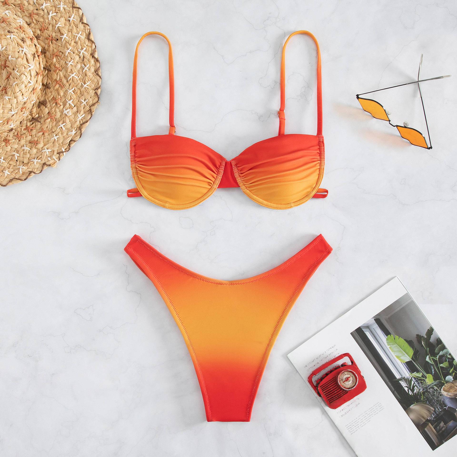 Sexy Backless Steel Support Bikini Two-Piece Printed Swimsuit for Women Water Sports Set