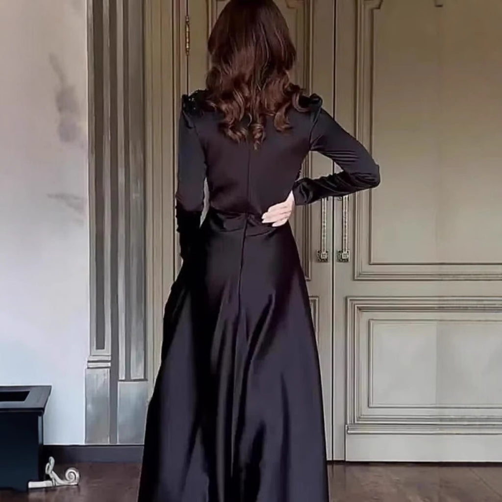 Pure Color Long Sleeve Fitted Lace Retro Elegant Dress Gown
