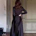 Pure Color Long Sleeve Fitted Lace Retro Elegant Dress Gown