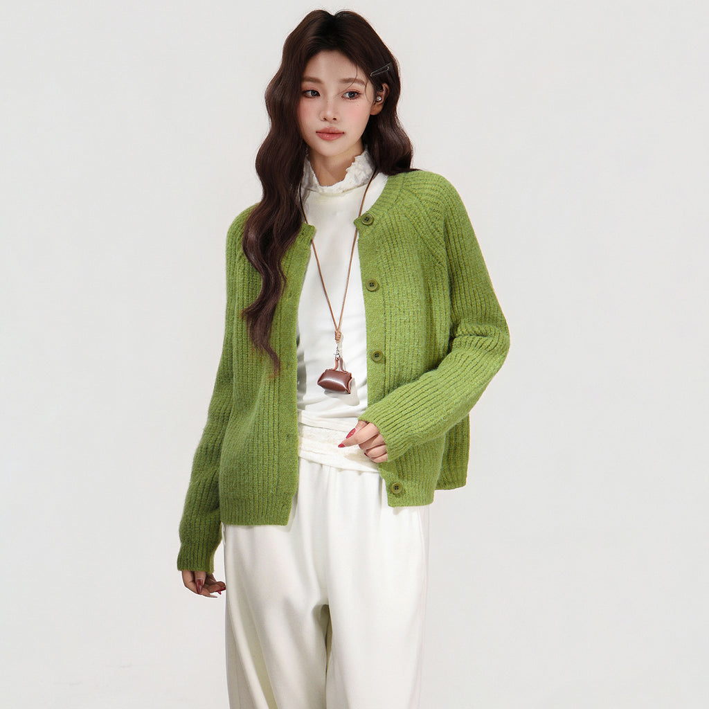 Round Neck Raglan Sleeve Knit Cardigan Sweater