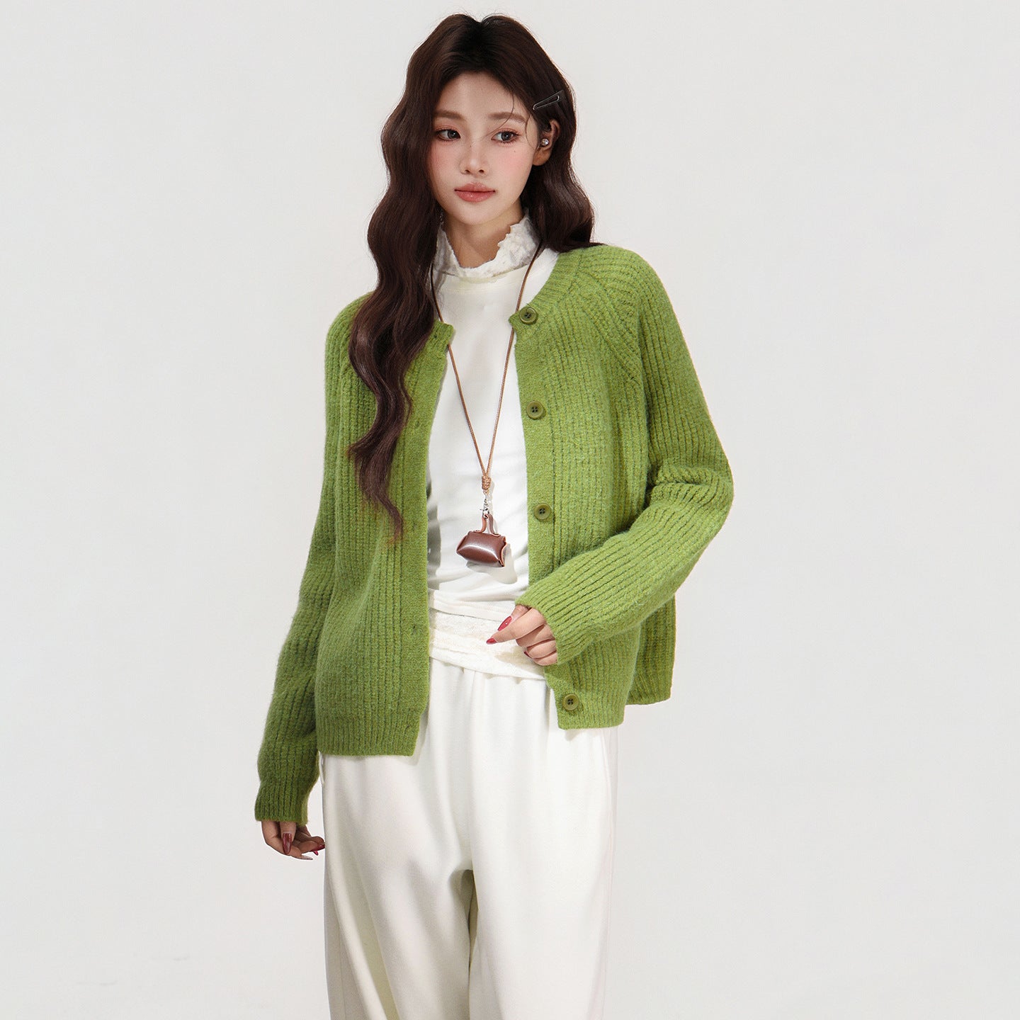 Round Neck Raglan Sleeve Knit Cardigan Sweater