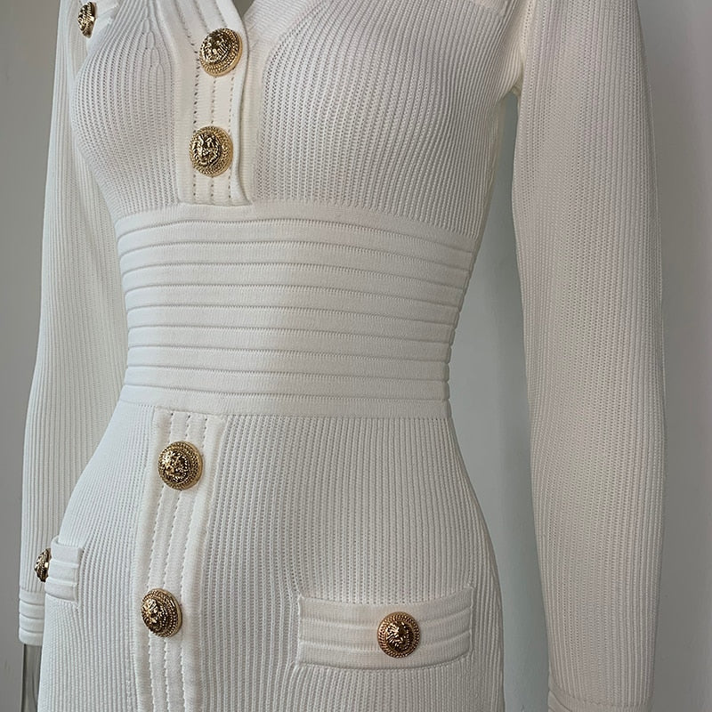 White Short-Sleeved Gold Four-Button Small V-Neck Sexy Waist Summer Knitted Dress Is Elastic And Gentle Light Luxury