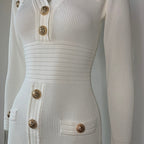 White Short-Sleeved Gold Four-Button Small V-Neck Sexy Waist Summer Knitted Dress Is Elastic And Gentle Light Luxury