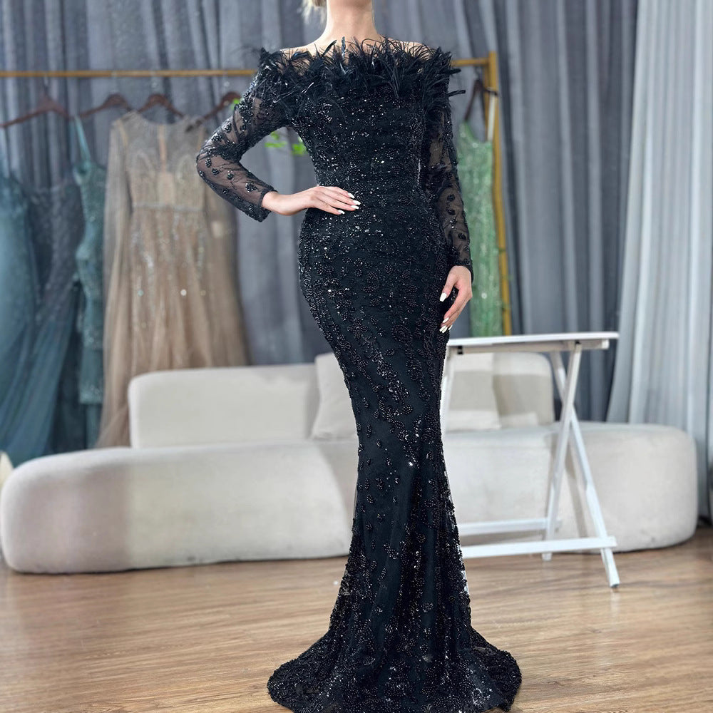 Elegant Black One-Shoulder Feather Mermaid Evening Gown Luxurious and Chic Perfect for Hostess PartyFormal Events
