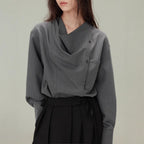Vintage Loose Drape Neck Asymmetrical Design Long Sleeve Shirt Blouse for Women, TR Fine Diagonal Comfortable Autumn Style