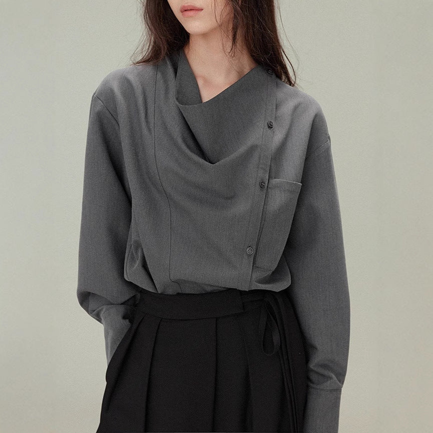Vintage Loose Drape Neck Asymmetrical Design Long Sleeve Shirt Blouse for Women, TR Fine Diagonal Comfortable Autumn Style