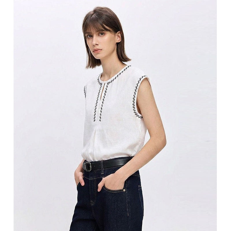 Simple Color-block Embroidered Sleeveless Vest for Women, Casual Summer Top with Cool Feeling
