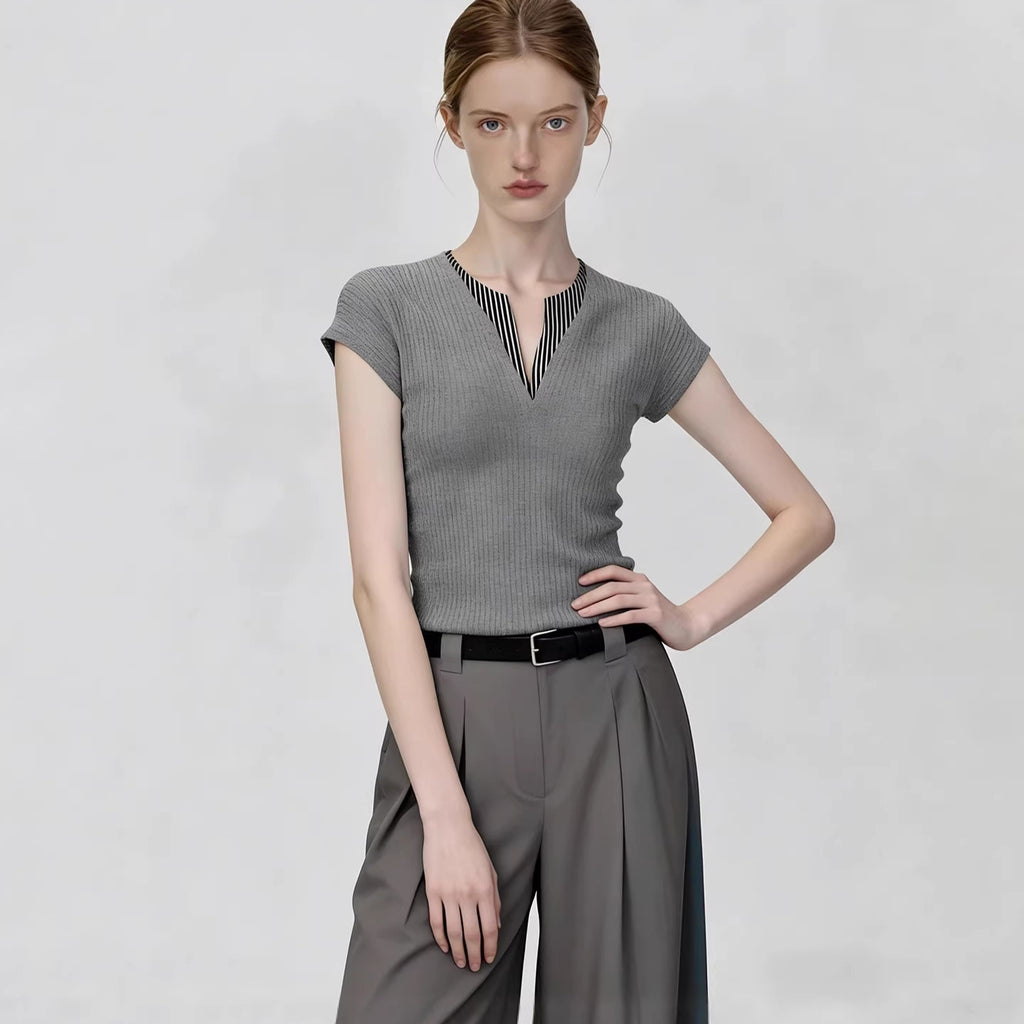 Short Sleeve T-Shirt Versatile Slim Fit  Gray V-Neck Sexy Knit Top