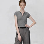 Short Sleeve T-Shirt Versatile Slim Fit  Gray V-Neck Sexy Knit Top