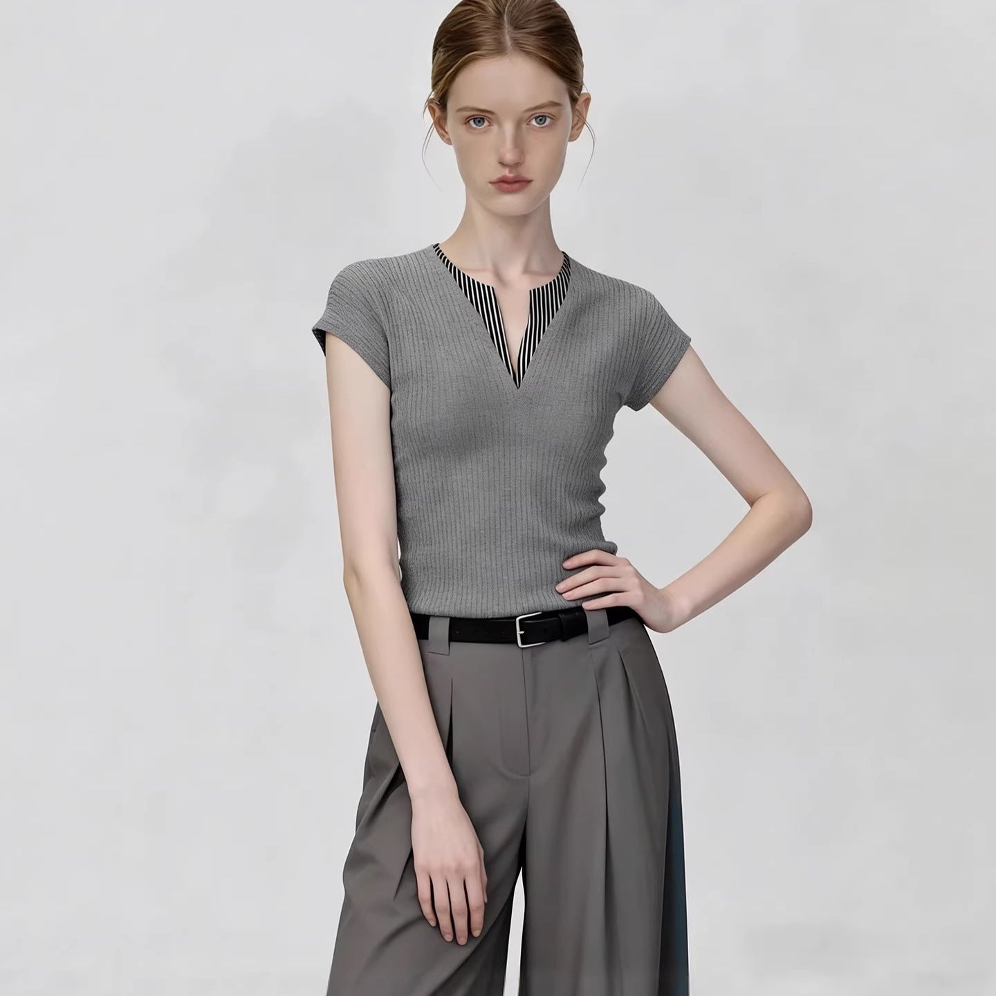 Short Sleeve T-Shirt Versatile Slim Fit  Gray V-Neck Sexy Knit Top